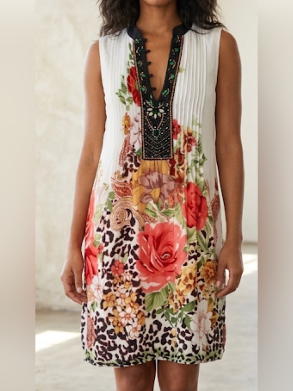 Lucky & Coco Vibrant Floral Sleeveless Tunic Dress Beaded Boho Cotton Medium